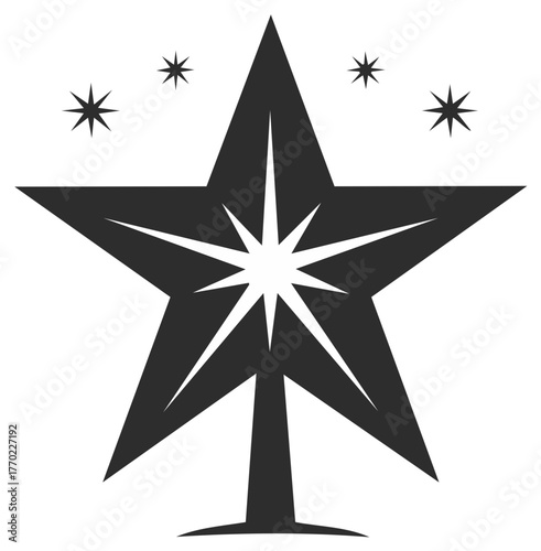 Christmas star tree topper silhouette with a glowing center and sparkles a black vector icon for holiday decoration