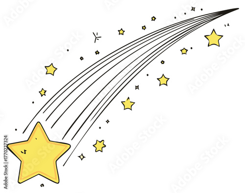 Whimsical hand drawn shooting star with trailing light streaks and smaller stars