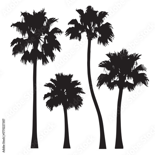 A silhouette of four palm trees against a, evoking a tropical, summery, and vacation vibe, the trees vary in size and shape, adding visual interest and depth to the composition