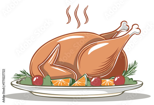 Warm roasted turkey or chicken dinner steaming on a platter with festive garnishes vector illustration for holidays