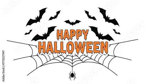 Spooky happy halloween text with bats and spiderweb design elements for festive holiday celebrations and decorations isolated on white background