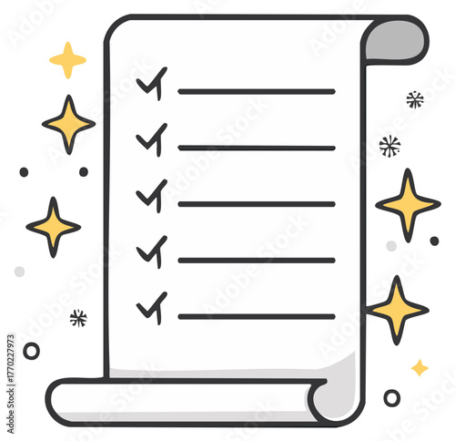 Hand Drawn To Do List on a Paper Scroll with Completed Checkmarks and Stars