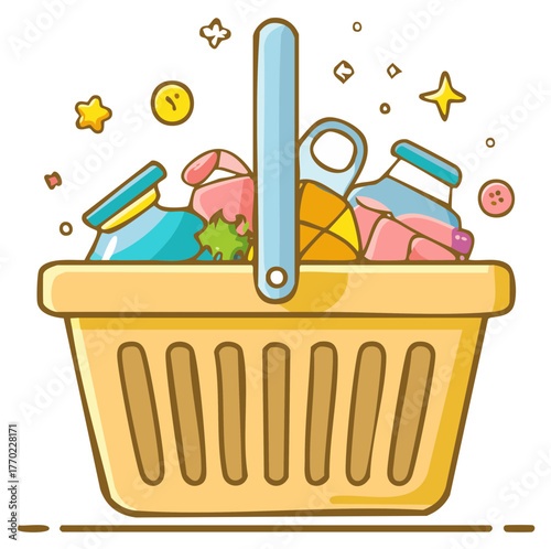 Sewing notions in craft basket with thread, buttons, fabric, and stars