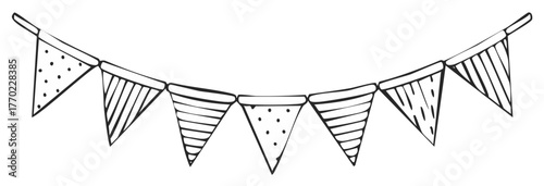 Hand-drawn festive bunting illustration with polka dots and striped flags