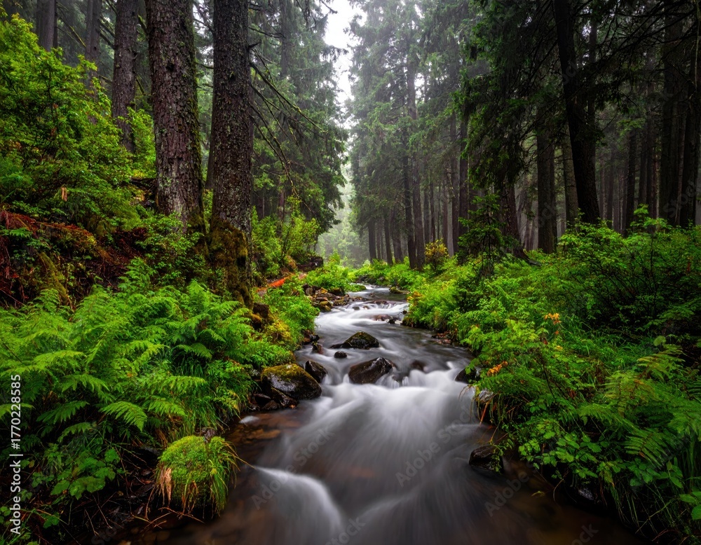 Obraz premium Misty forest stream flowing through lush greenery