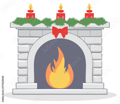 Festive fireplace with candles, flames, and holiday decoration