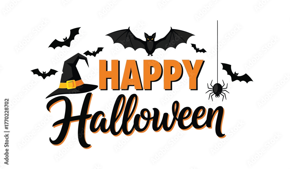 Fototapeta premium Spooky happy halloween greeting with bats witch hat spider and festive text for celebrations isolated on white background