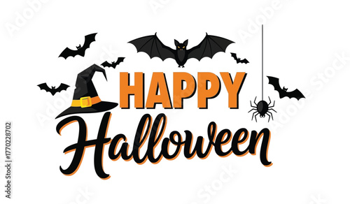 Spooky happy halloween greeting with bats witch hat spider and festive text for celebrations isolated on white background