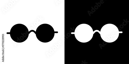 Two classic style round glasses icons, one black on a white background and one white on a black background.
