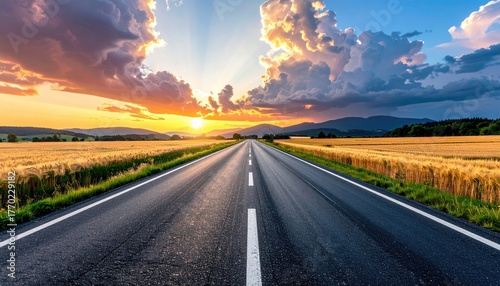 Sunset highway through golden fields