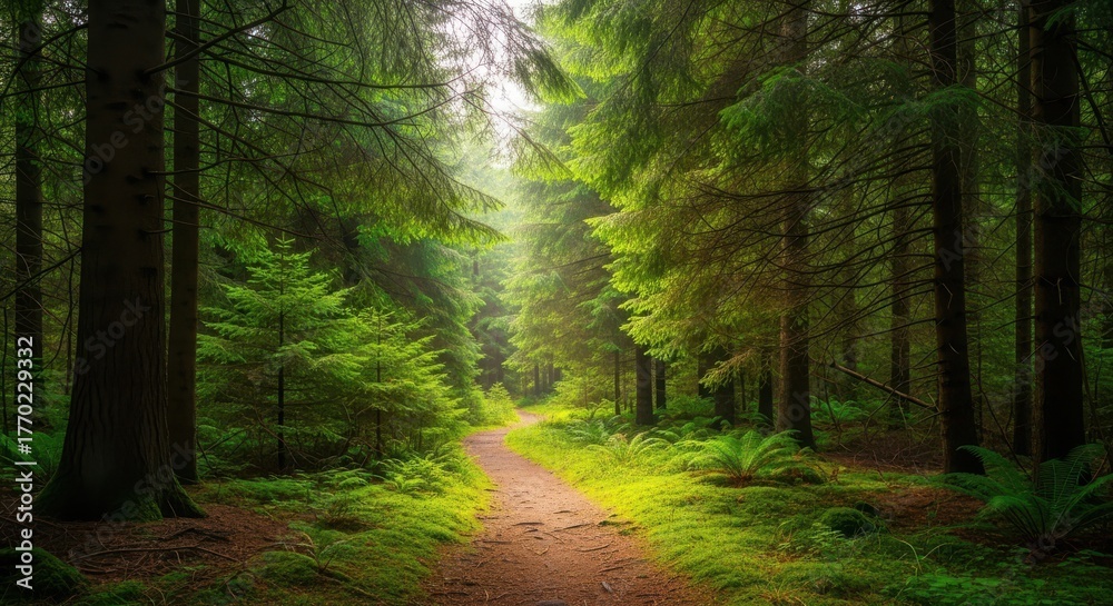 Fototapeta premium Sunlight filtering through tall green pine trees onto a path in a dense forest