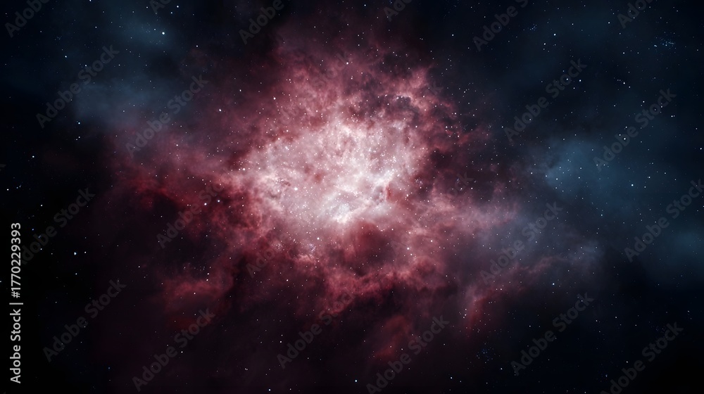 Fototapeta premium A luminous vibrant nebula with swirling red and pink gas clouds and distant stars in deep space