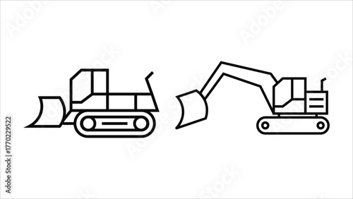Construction Vehicle Line Drawing Excavator, Crane, Bulldozer Vector Illustration.