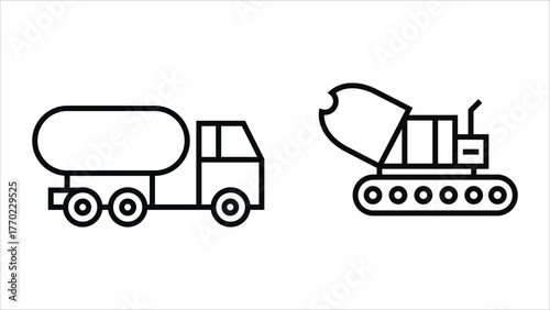 Modern Construction Vehicle Illustration and Cement Mixer Machine Vector line art.