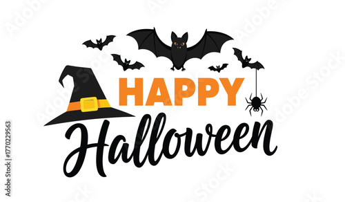 Spooky happy halloween text design featuring bats witch hat spider and festive orange accents for festive celebrations and decorations isolated on white background