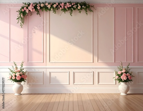 Pink room with floral arch. Sunlit, elegant