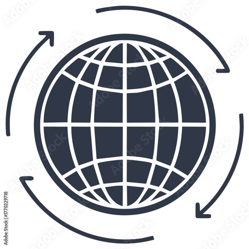 Vector icon of a rotating globe with arrows symbolizing global network and worldwide communication