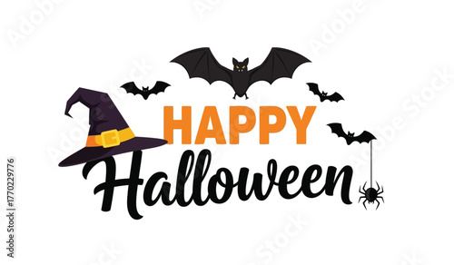 Happy halloween themed design featuring witch hat bats and spiders a festive celebration for all ages isolated on white background