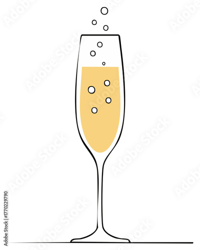 Elegant champagne flute with sparkling bubbles, festive celebration design.