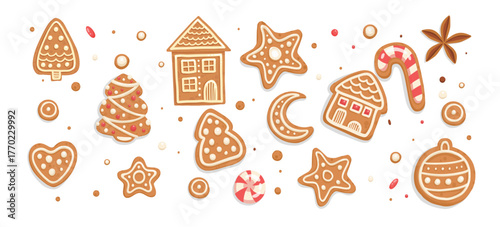 Christmas gingerbread cookie flat cartoon set. Sign New year sweet gingerbread man, bird, holly, house, deer and candy, snowflakes, sock, Christmas tree, bell, star. Isolated vector illustration