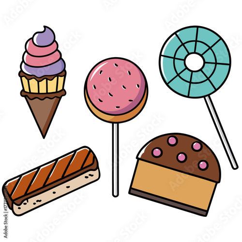 Colorful variety of sweet candies and desserts on white background  