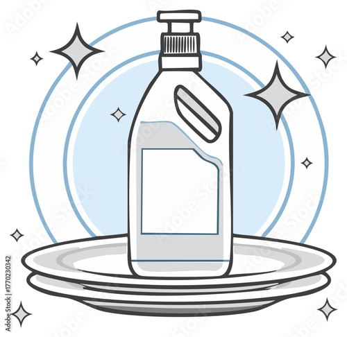Dish soap bottle on stacked plates with shining star decoration illustration