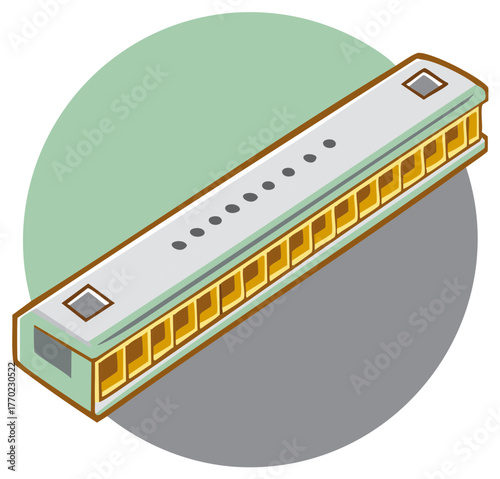 Blues harmonica musical instrument illustrated in a simple flat style with a green circle background.