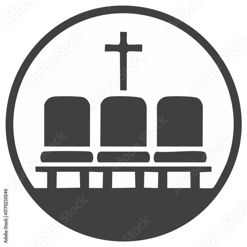 Simple flat icon of empty church pews under a Christian cross symbol