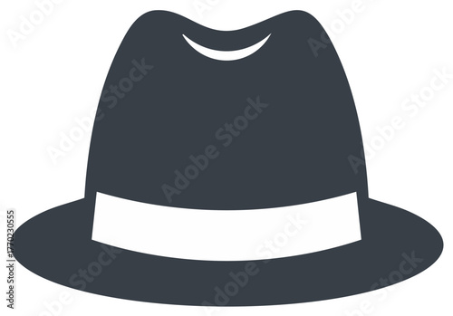 Stylish dark fedora hat with white band icon isolated on white background
