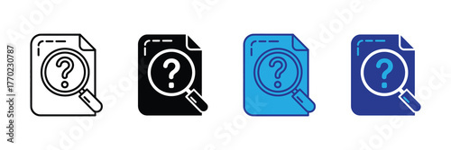Four different icons representing a document with a magnifying glass over a question mark, isolated on white background
