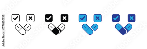 Set of icons representing medical pills with checkmark and cross symbols, isolated on white background