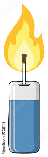 Illustration of a lit butane lighter with a blue body and white top emitting a bright orange flame