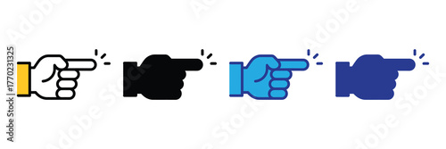 Set of four pointing finger icons in different styles and colors, isolated on white background