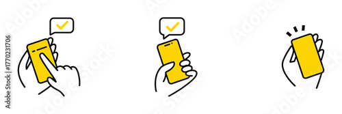 Three step process illustration of a hand holding a yellow smartphone, showing a checkmark in a speech bubble and a notification
