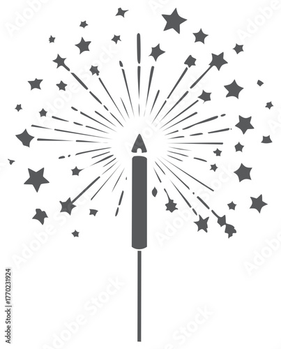Celebration firework sparkler with bursting stars, monochrome holiday vector icon