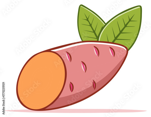 Sweet potato illustration with leaves, healthy food, cartoon style
