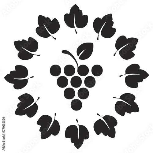 Stylized black grape cluster and leaves forming elegant circular ornament design