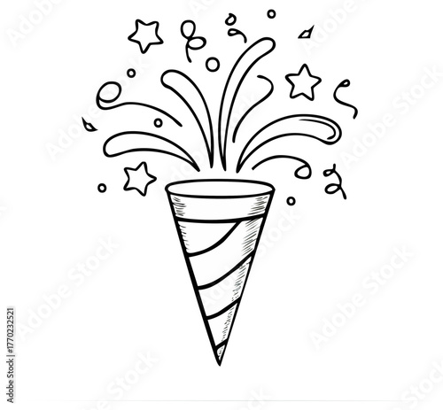 Hand drawn sketch of a party popper exploding with stars and confetti for celebrations