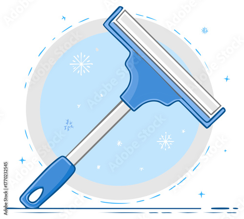 Blue squeegee tool with snowflakes for cleaning frosty windows