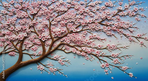 Blossoming Cherry Tree 3D Relief Mural with Soft Blue Background. floral landscapes. 3d floral art, floral wallpaper, Luxurious textile tile wall art