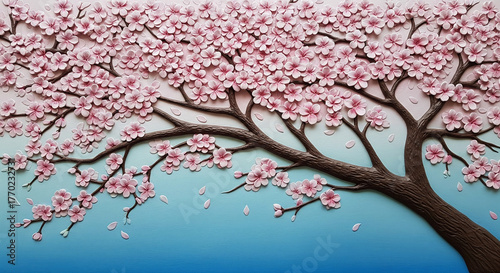 Blossoming Cherry Tree 3D Relief Mural with Soft Blue Background. floral landscapes. 3d floral art, floral wallpaper, Luxurious textile tile wall art