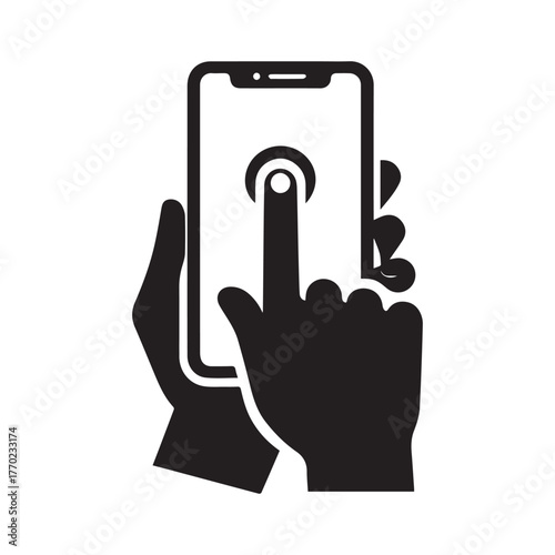 "Hand Touching Smartphone Screen with Sun Icon – Flat Design Vector"