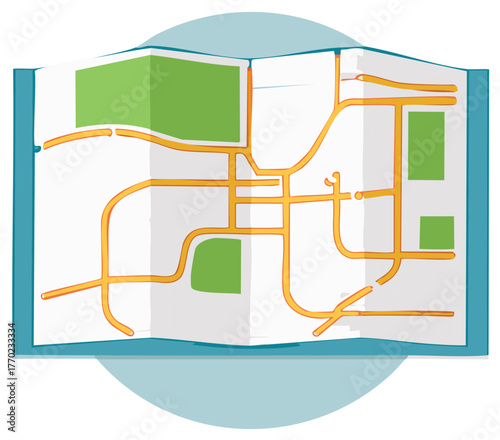 Colorful Illustrated Folded Map Displaying Urban Streets and Green Spaces