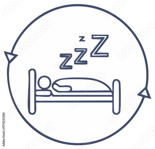 Sleep cycle symbol shows person resting in bed with sleep sound icons within circle.