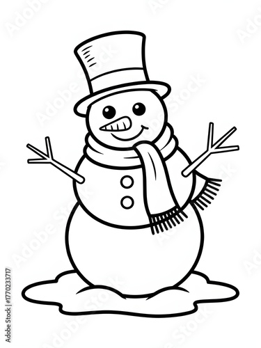 A black and white drawing of snowmen and a snowman, Cheerful smiling snowman character wearing a top hat with stick arms and a carrot nose winter holiday illustration