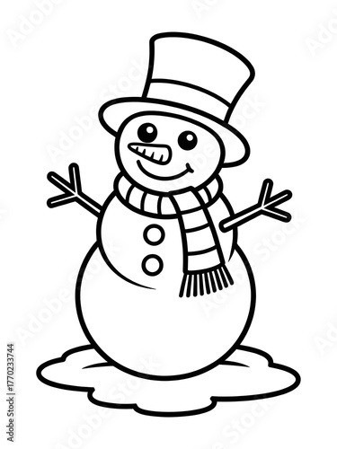 A black and white drawing of snowmen and a snowman, Cheerful smiling snowman character wearing a top hat with stick arms and a carrot nose winter holiday illustration