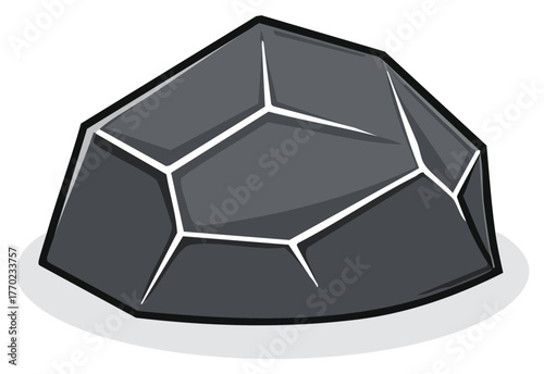 Cartoon style dark gray jagged rock graphic with prominent white facet lines and cast shadow