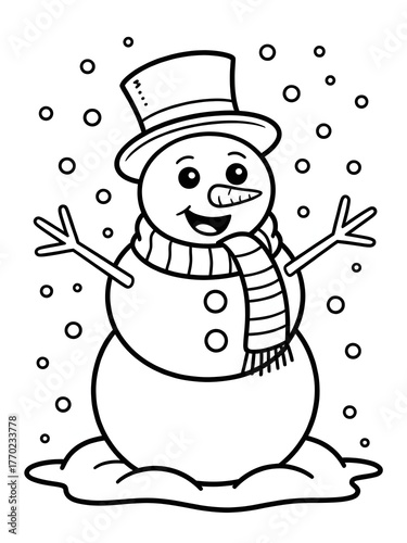A black and white drawing of snowmen and a snowman, Cheerful smiling snowman character wearing a top hat with stick arms and a carrot nose winter holiday illustration