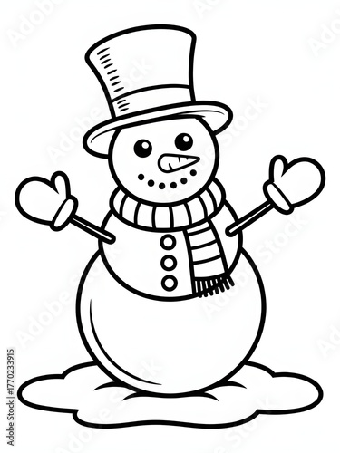 A black and white drawing of snowmen and a snowman, Cheerful smiling snowman character wearing a top hat with stick arms and a carrot nose winter holiday illustration
