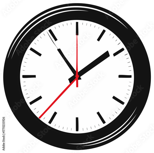 Simple analog clock face with black frame white dial and red second hand showing time